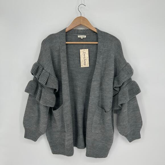 Love Sense Gray Cardigan Sz S NWT – Ruffle Statement Sleeves – Chunky Knit - Picture 1 of 7